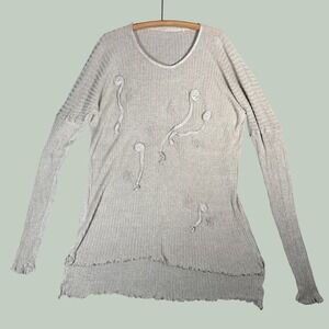 Zuza Bart Beige Ribbed Knit Floral Embroidered Tunic Sweater Long Sleeve L